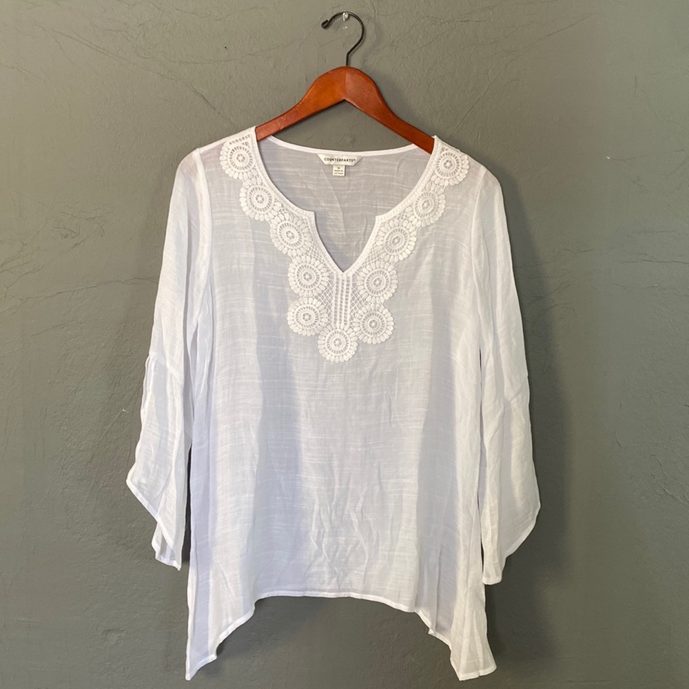 NWT Counterparts White Boho Gauzy Sheer Split Bell Sleeve Shark Bite Hem Top